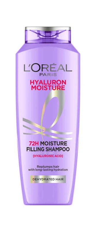 A purple bottle of L’Oréal Paris Elvive Hyaluron Plump Hydrating Shampoo, a highly moisturizing drugstore shampoo for women and an excellent, lightweight shampoo for girls with dehydrated hair.