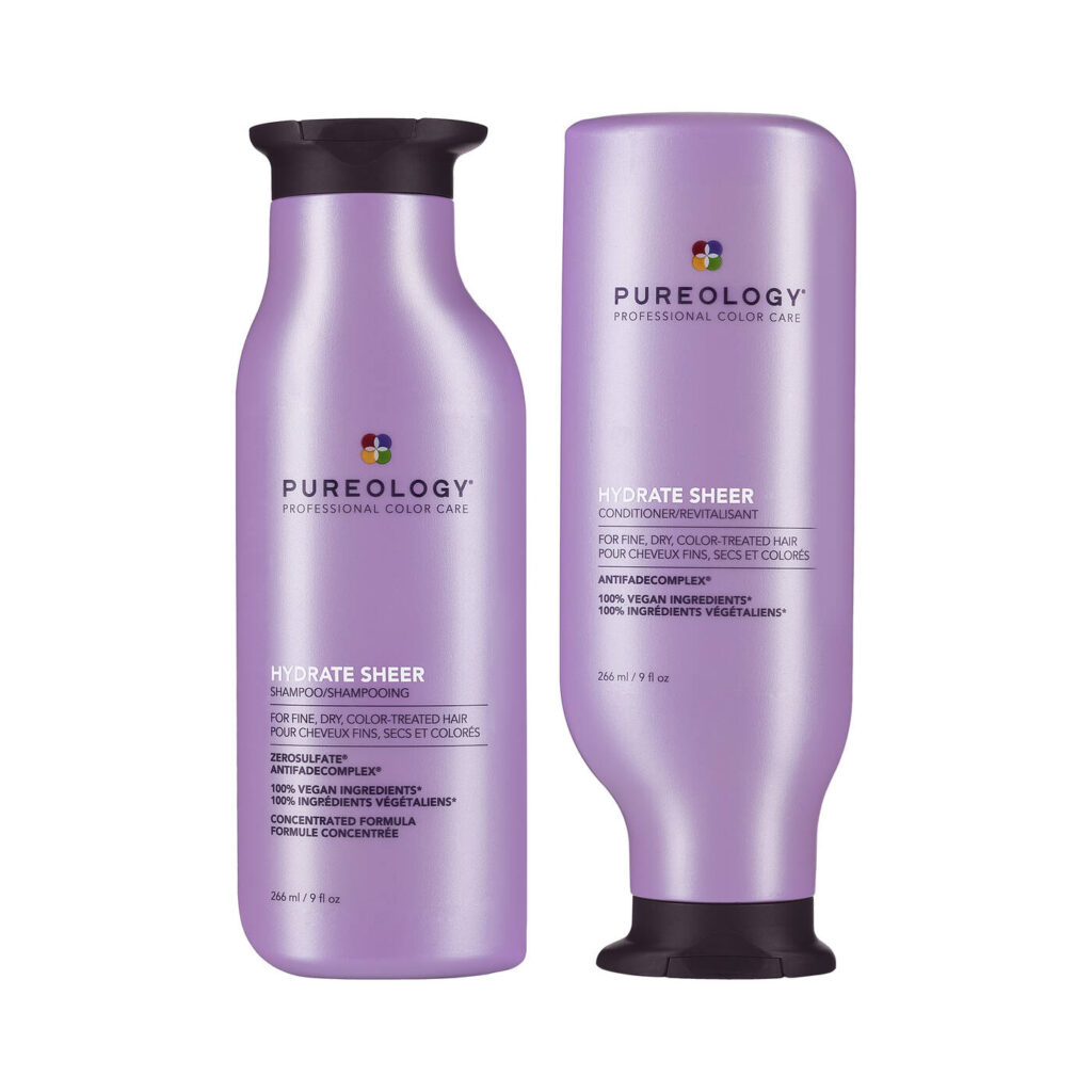 A purple bottle of Pureology Hydrate, a salon-grade formula frequently rated as the best shampoo for women with color-treated and very dry hair.