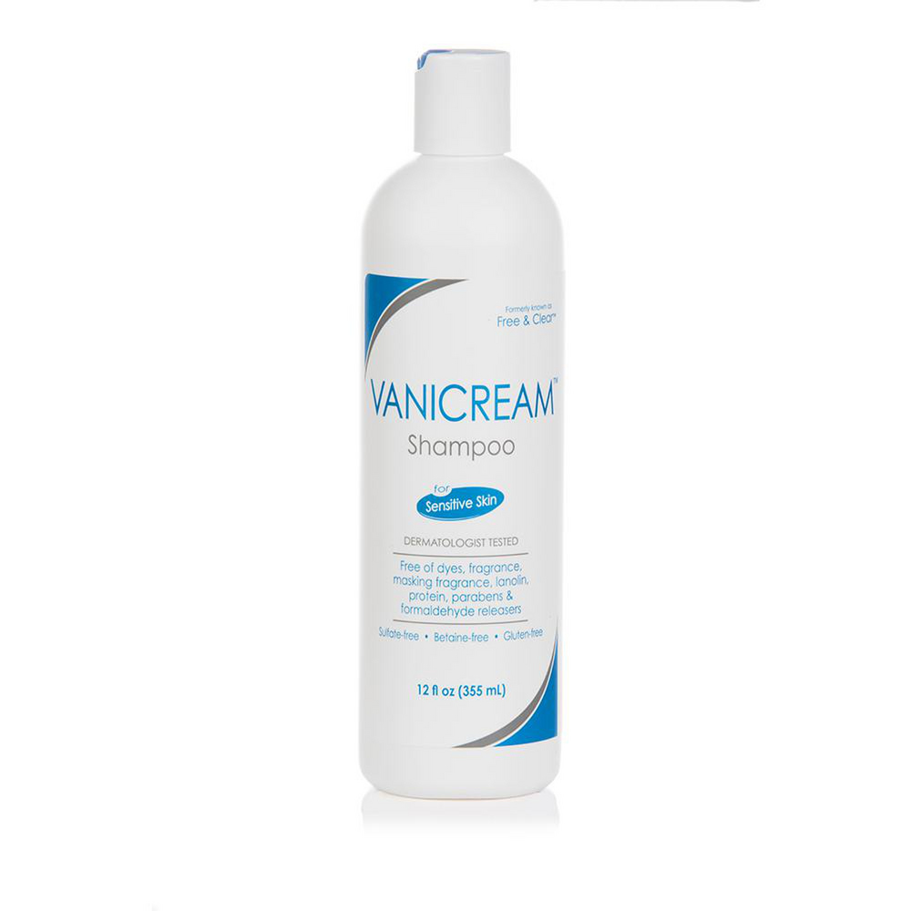 A white and blue bottle of Vanicream Gentle Shampoo, a fragrance-free, hypoallergenic daily shampoo for girls and a safe shampoo for women with highly sensitive scalps.