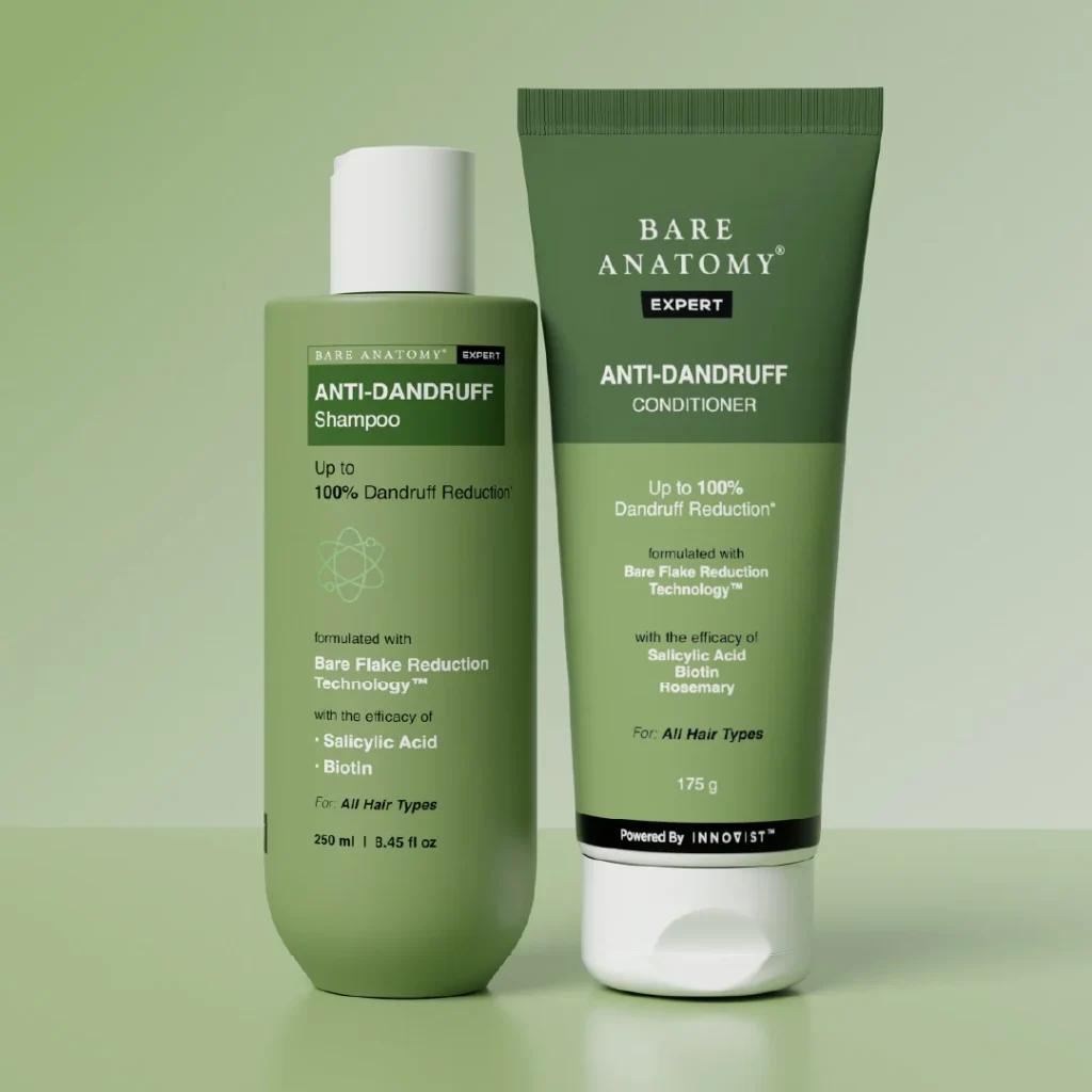 Green bottle of Bare Anatomy expert anti-dandruff shampoo with salicylic acid.