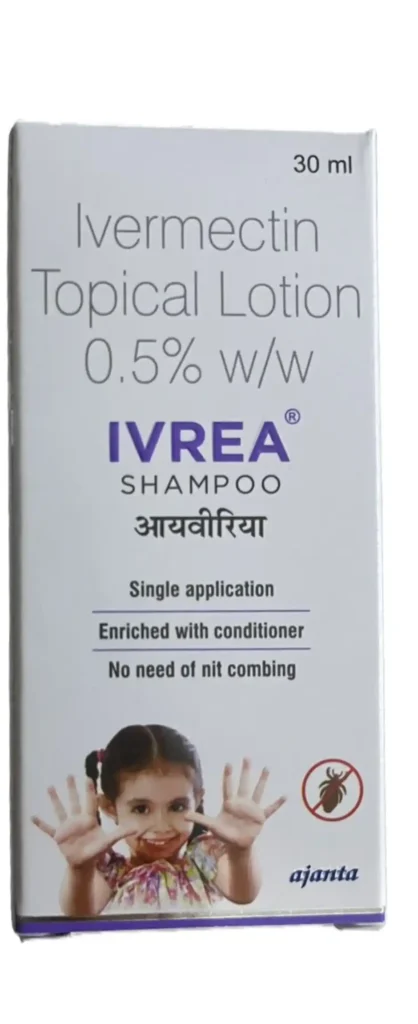Ivrea shampoo bottle formulated as an anti-parasitic treatment for head lice.