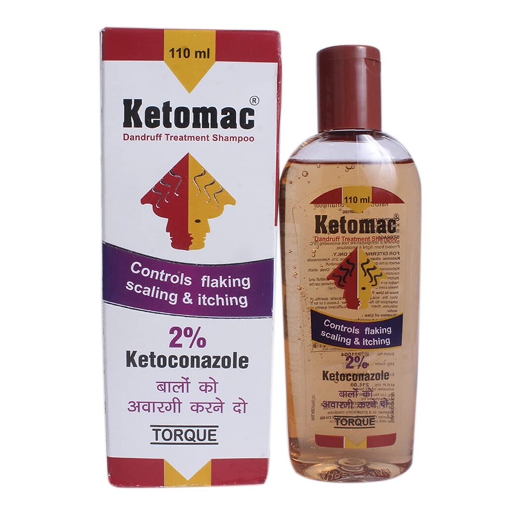 A bottle of Ketomac 2 percent ketoconazole medicated anti-dandruff shampoo.