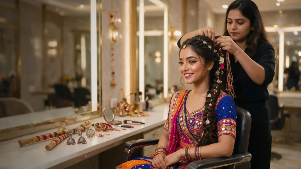 Woman getting Garba hair and makeup done at a luxury salon in Surat before Navratri