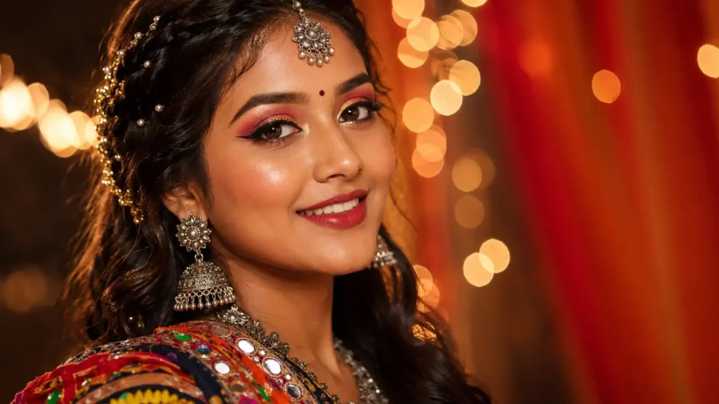 Gujarati woman in Garba-ready Navratri makeup and parandi braid dancing with dandiya sticks
