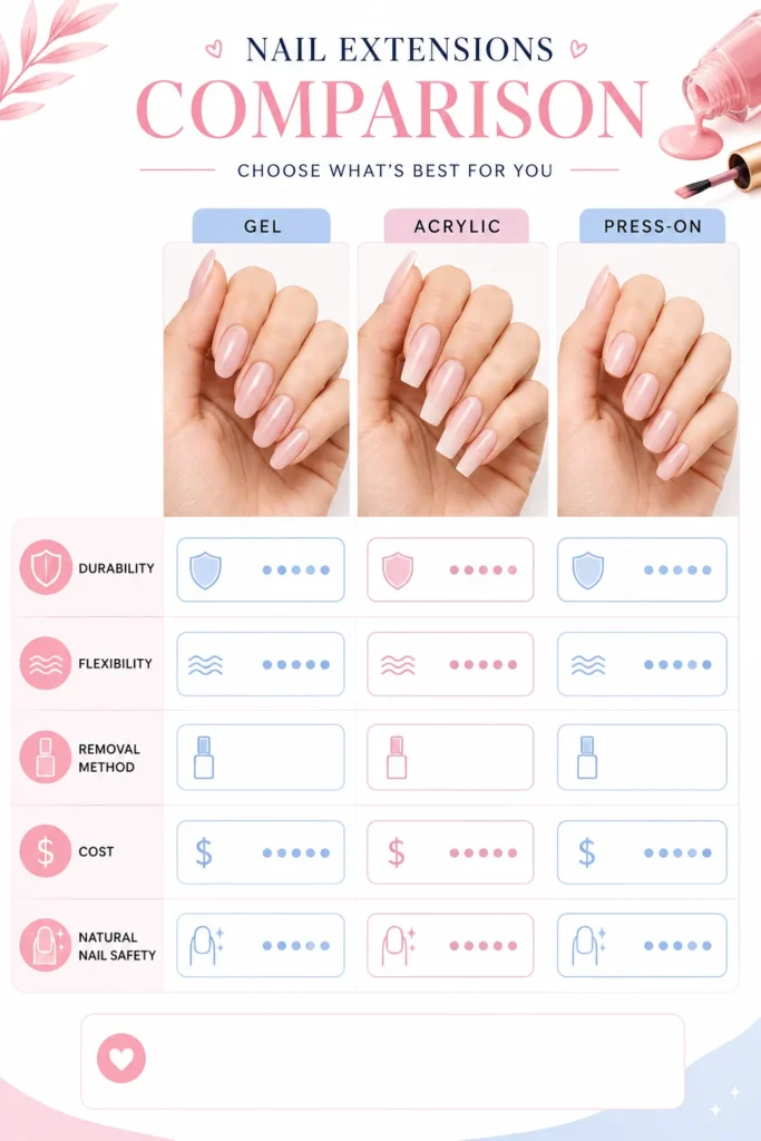 Side-by-side illustration showing soak-off gel, acrylic, and short press-on nails with different effects on natural nails.

