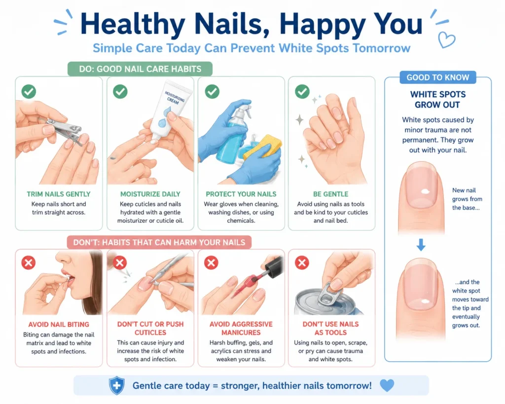 Educational illustration showing healthy nail care, including trimming nails, moisturizing cuticles, wearing protective gloves, and avoiding nail biting.

