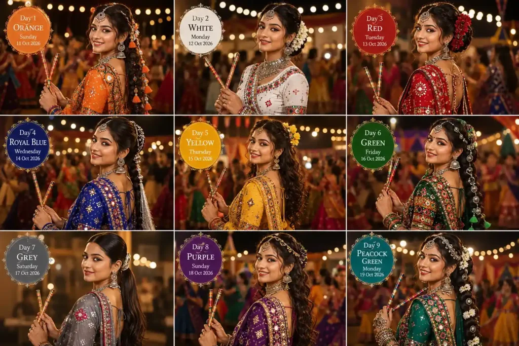 Navratri 2026 colour outfit planning flat lay with fabric swatches, dandiya sticks, jewellery and Garba accessories