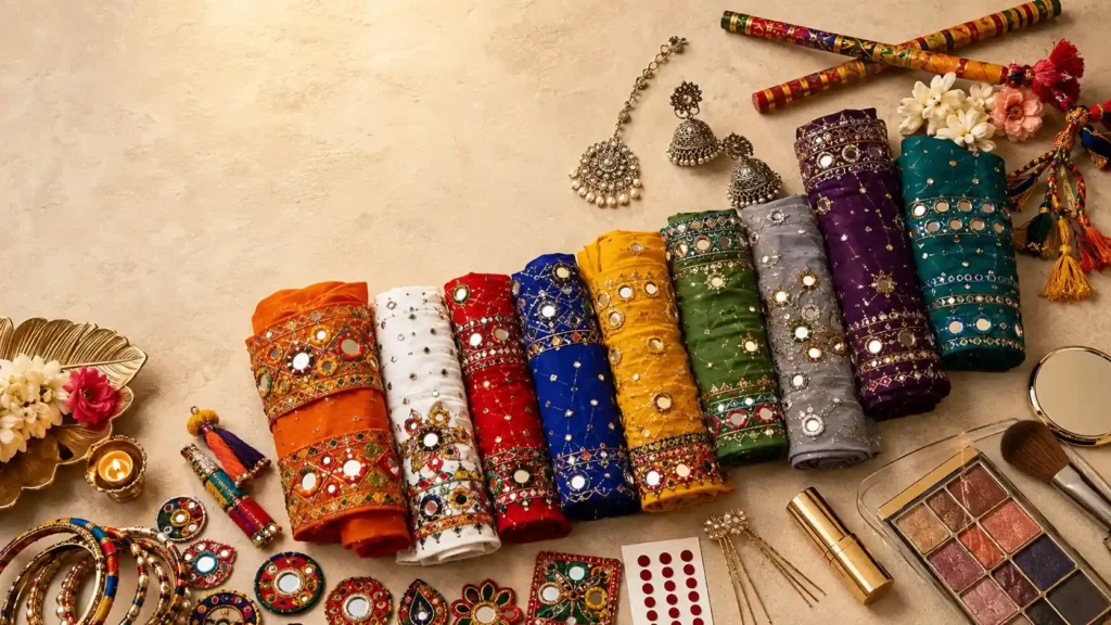 Navratri 2026 colours guide featuring a Gujarati Garba outfit, chaniya choli, festive makeup and dandiya sticks