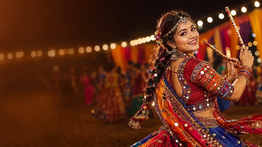 Close-up of a glittery pink, orange and gold Navratri Garba makeup look