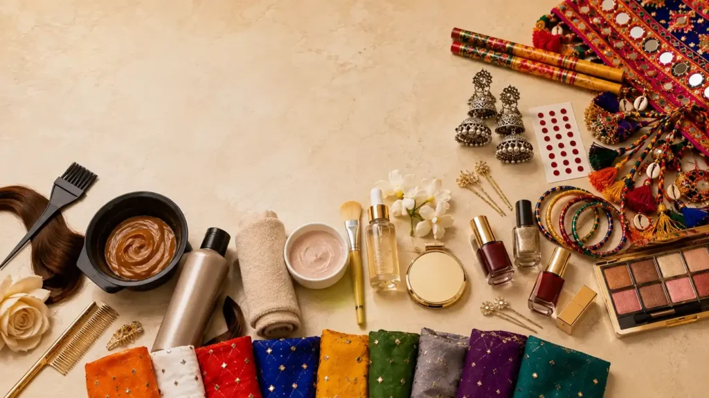 Garba-ready Navratri makeup and braided hairstyle with colourful parandi and Gujarati jewellery