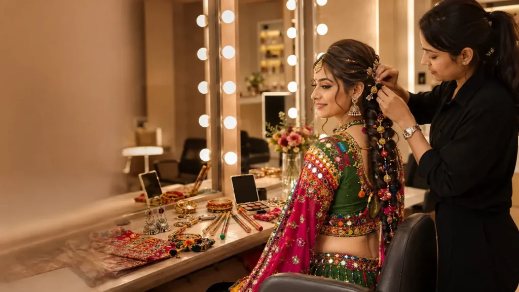 Makeup artist creating a festive Garba braid for a Navratri salon appointment