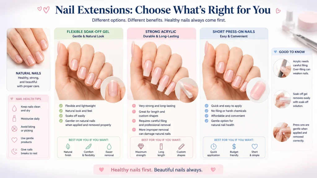Infographic comparing gel, acrylic, and press-on nail extensions by durability, flexibility, removal, cost, and safety.

