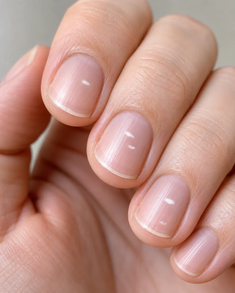 Close-up photograph of clean fingernails with two small white spots on the nail surface.

