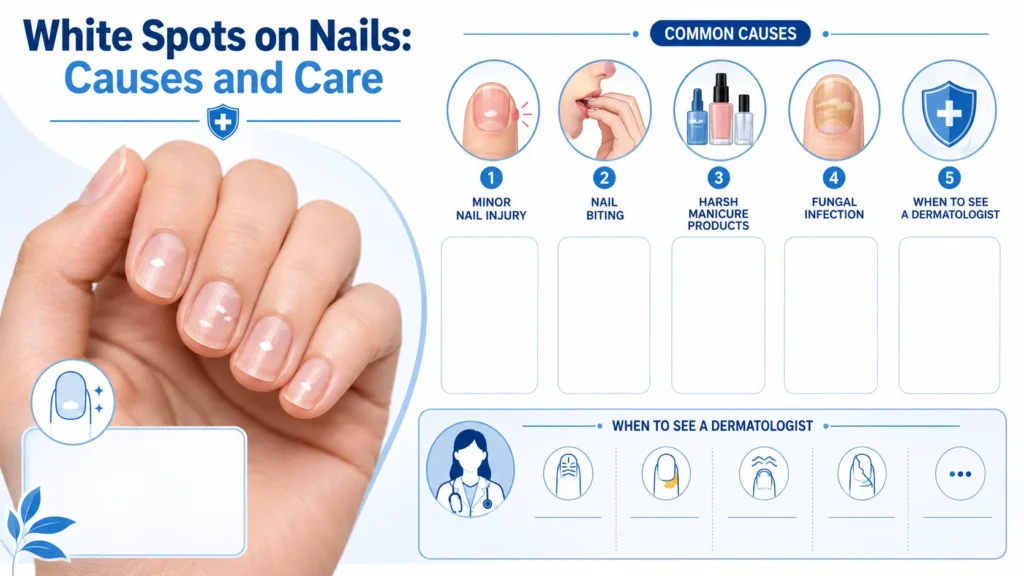 Medical infographic showing small white spots on fingernails and common causes, including minor injury, nail biting, rough manicures, and fungal infection.
